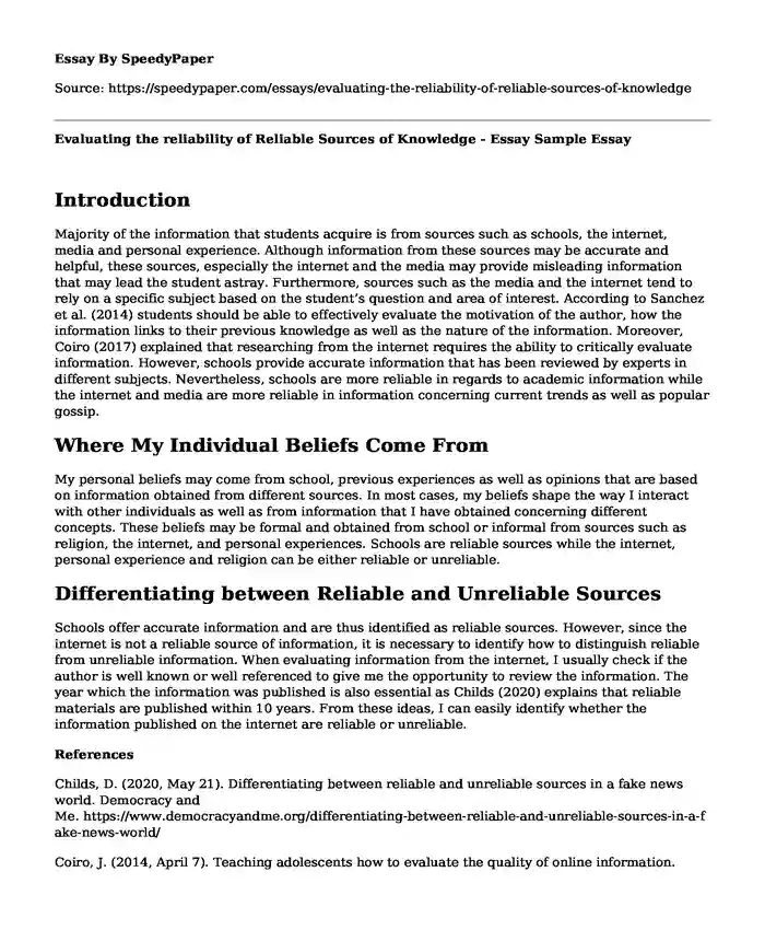 Evaluating the reliability of Reliable Sources of Knowledge - Essay Sample