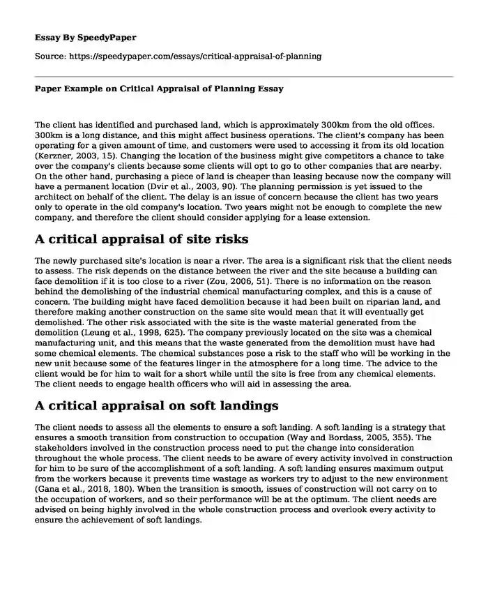 Paper Example on Critical Appraisal of Planning