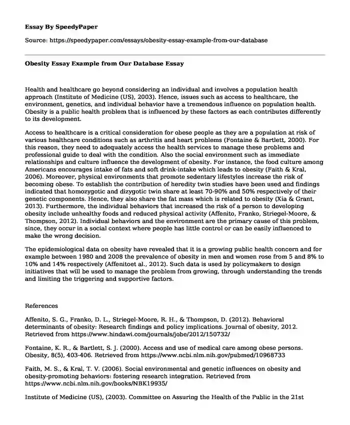 Obesity Essay Example from Our Database