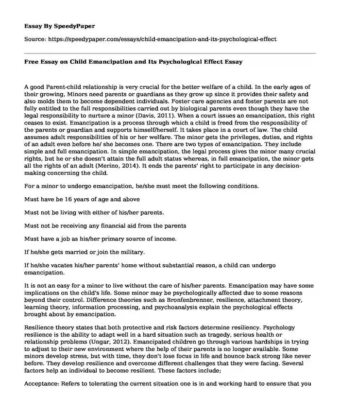 Free Essay on Child Emancipation and Its Psychological Effect