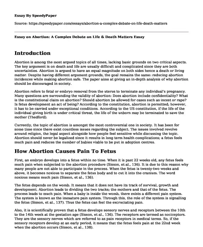 Essay on Abortion: A Complex Debate on Life & Death Matters