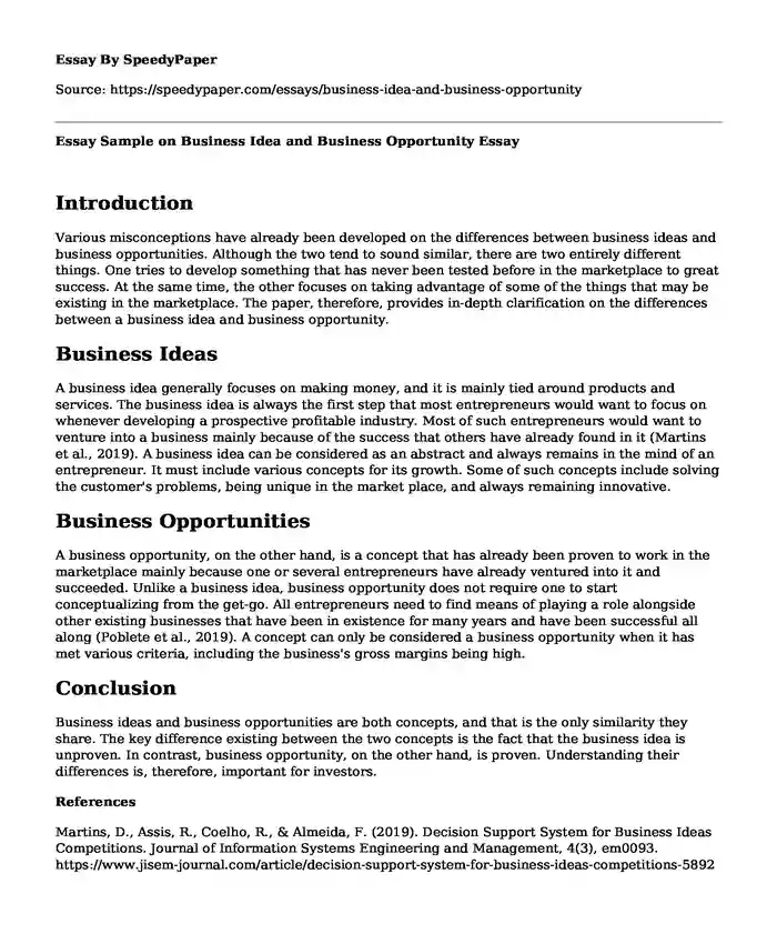 Essay Sample on Business Idea and Business Opportunity
