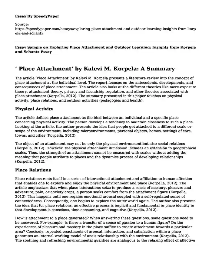 Essay Sample on Exploring Place Attachment and Outdoor Learning: Insights from Korpela and Schantz