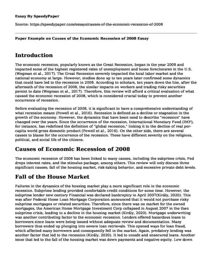 Paper Example on Causes of the Economic Recession of 2008