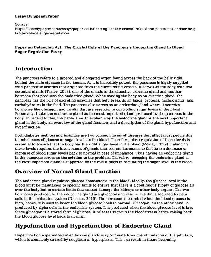 Paper on Balancing Act: The Crucial Role of the Pancreas's Endocrine Gland in Blood Sugar Regulation