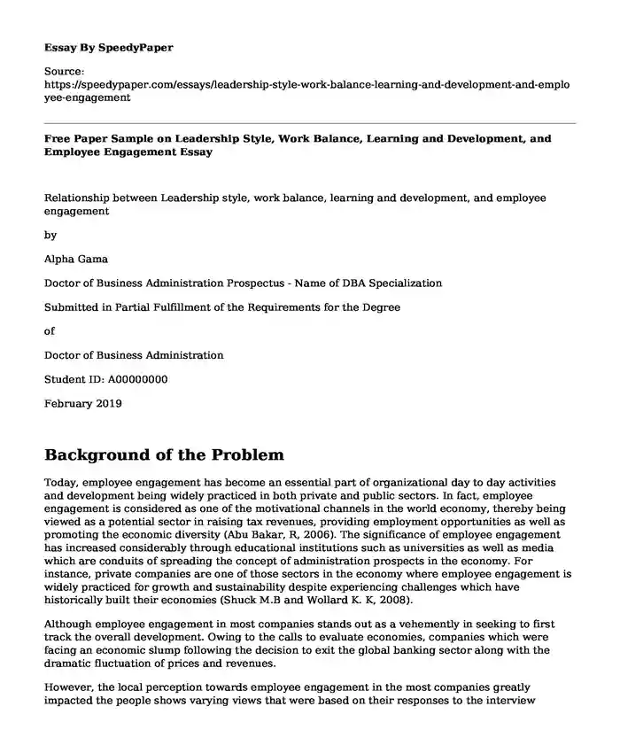 Free Paper Sample on Leadership Style, Work Balance, Learning and Development, and Employee Engagement