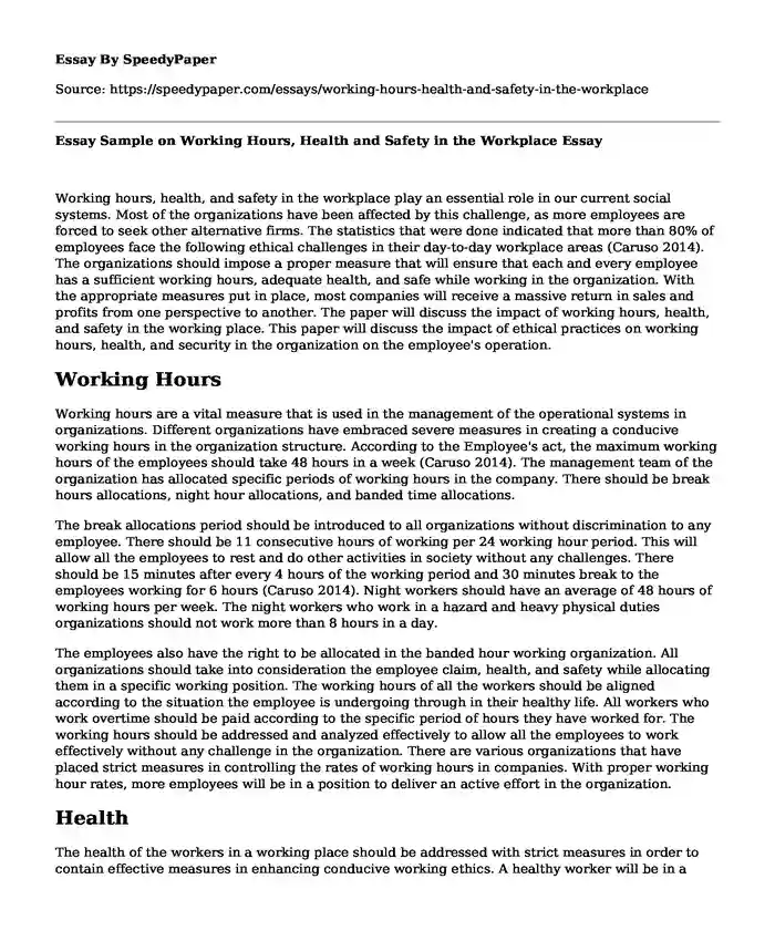 Essay Sample on Working Hours, Health and Safety in the Workplace