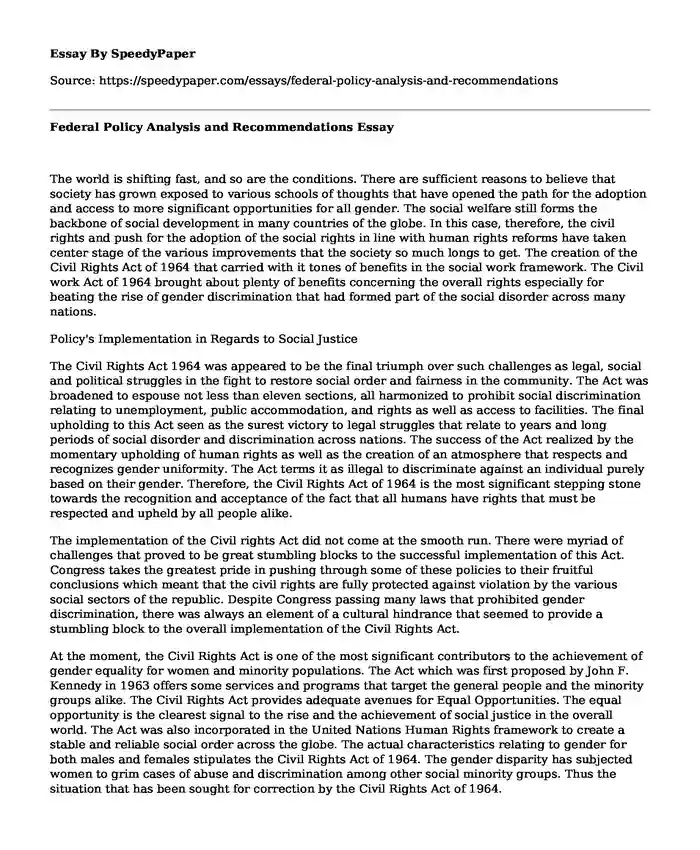 Federal Policy Analysis and Recommendations
