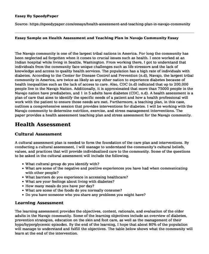 Essay Sample on Health Assessment and Teaching Plan in Navajo Community