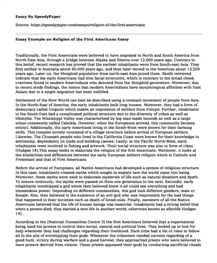 Essay Example on Religion of the First Americans