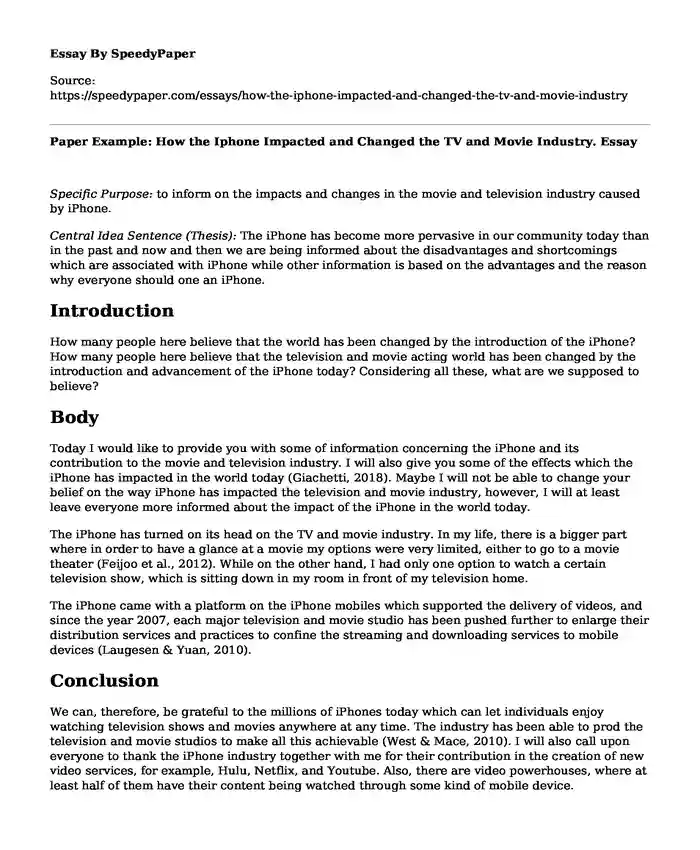 Paper Example: How the Iphone Impacted and Changed the TV and Movie Industry.