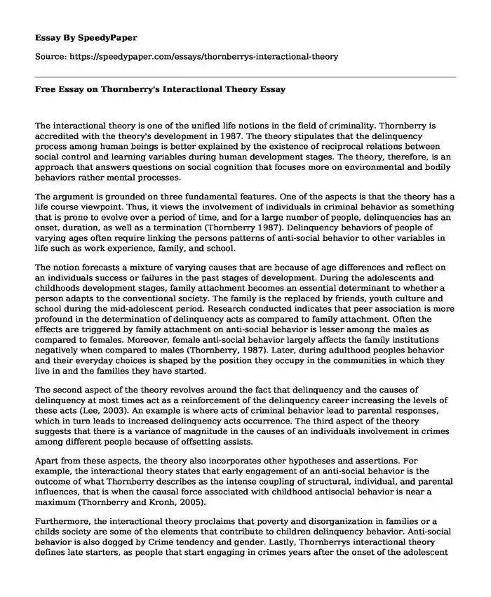 Free Essay on Thornberry's Interactional Theory