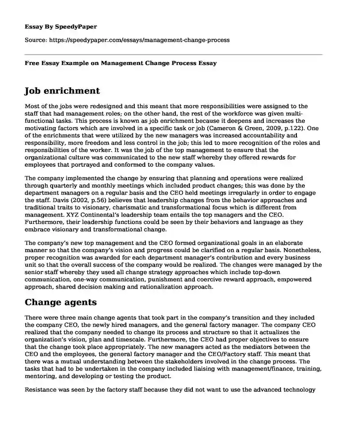 Free Essay Example on Management Change Process