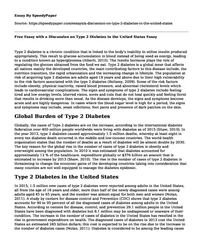 Free Essay with a Discussion on Type 2 Diabetes in the United States
