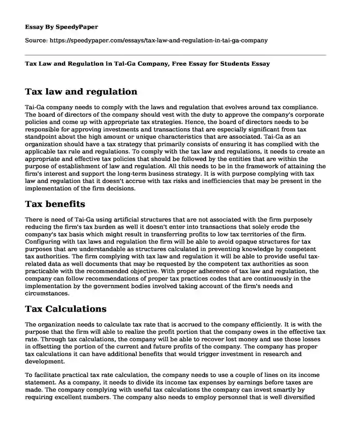 Tax Law and Regulation in Tai-Ga Company, Free Essay for Students