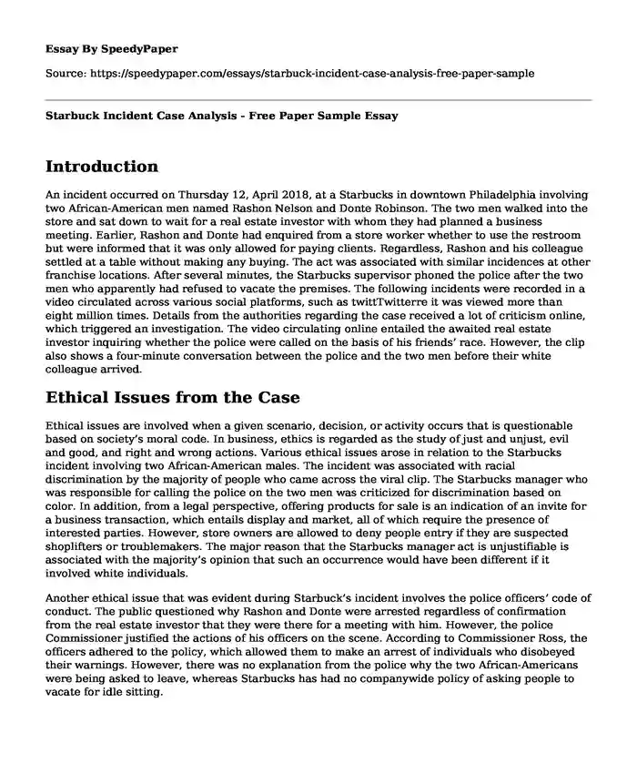 Starbuck Incident Case Analysis - Free Paper Sample