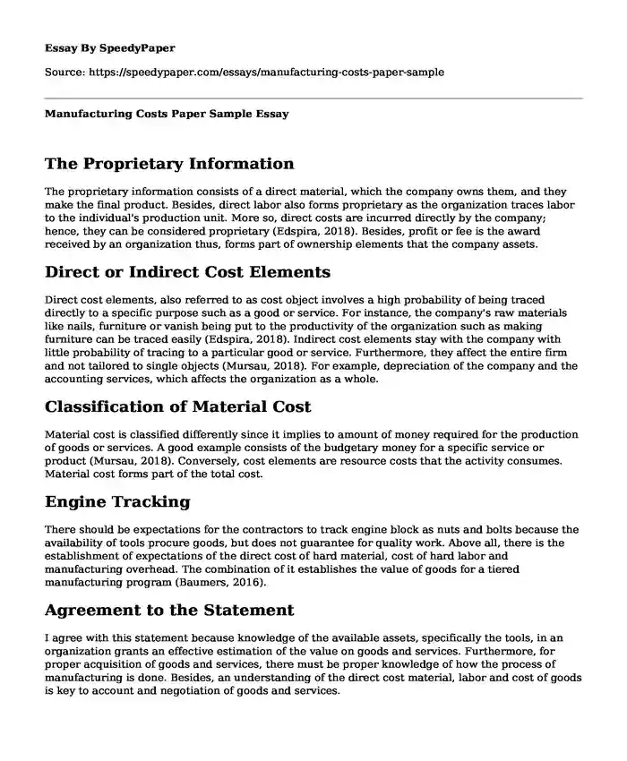  Manufacturing Costs Paper Sample