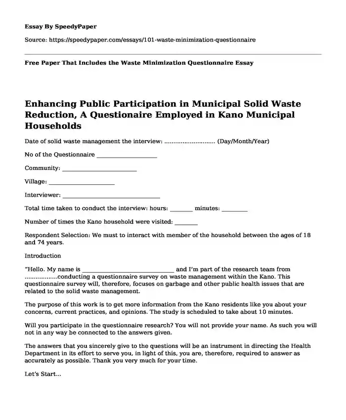 Free Paper That Includes the Waste Minimization Questionnaire