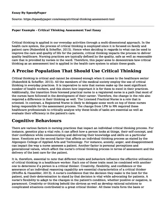 critical thinking assessment tool