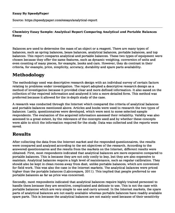 Chemistry Essay Sample: Analytical Report Comparing Analytical and Portable Balances