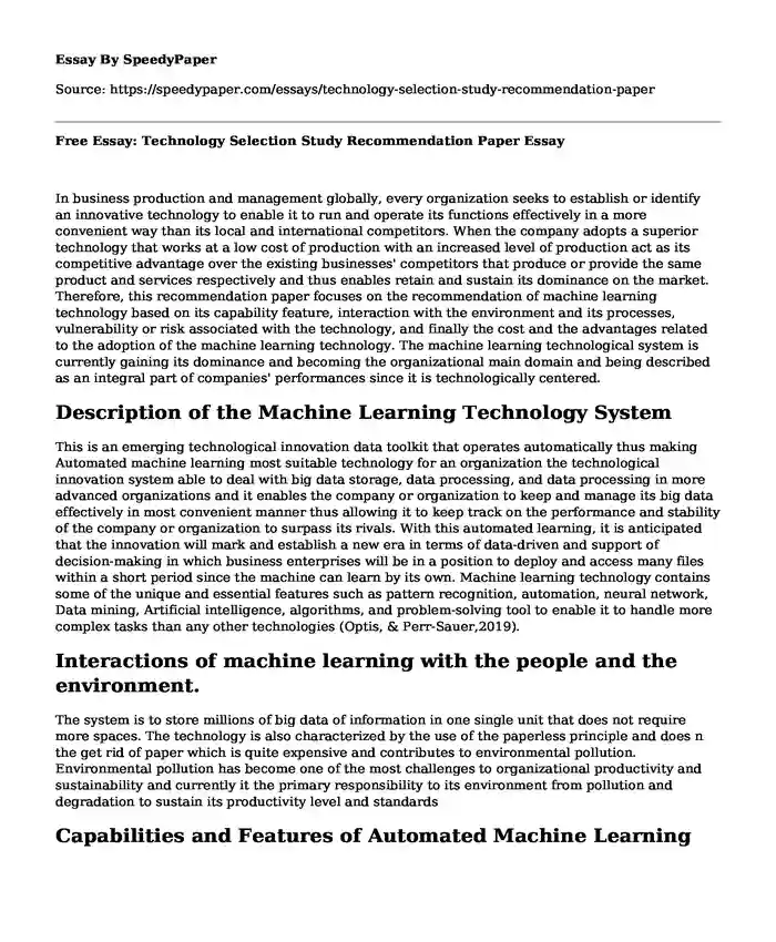 Free Essay: Technology Selection Study Recommendation Paper