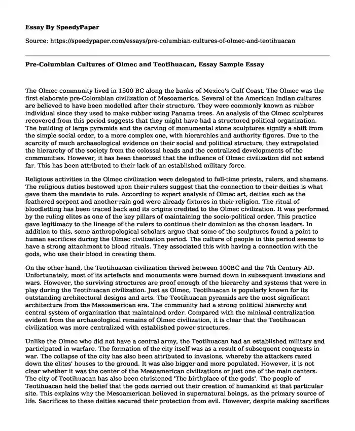 Pre-Columbian Cultures of Olmec and Teotihuacan, Essay Sample