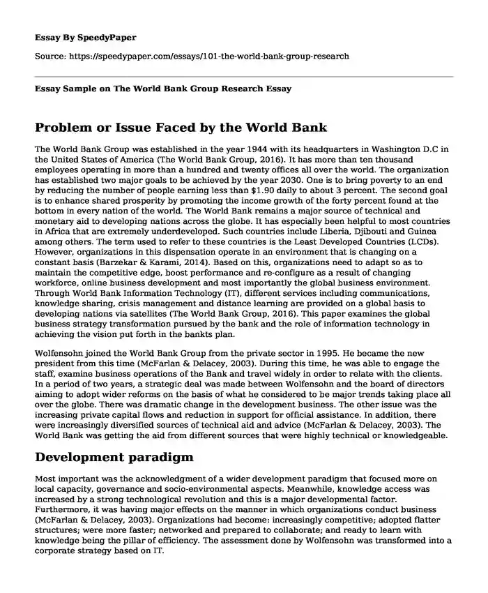 Essay Sample on The World Bank Group Research