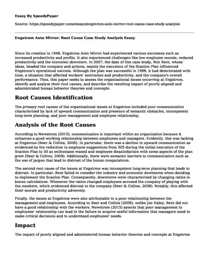 Engstrom Auto Mirror: Root Cause Case Study Analysis