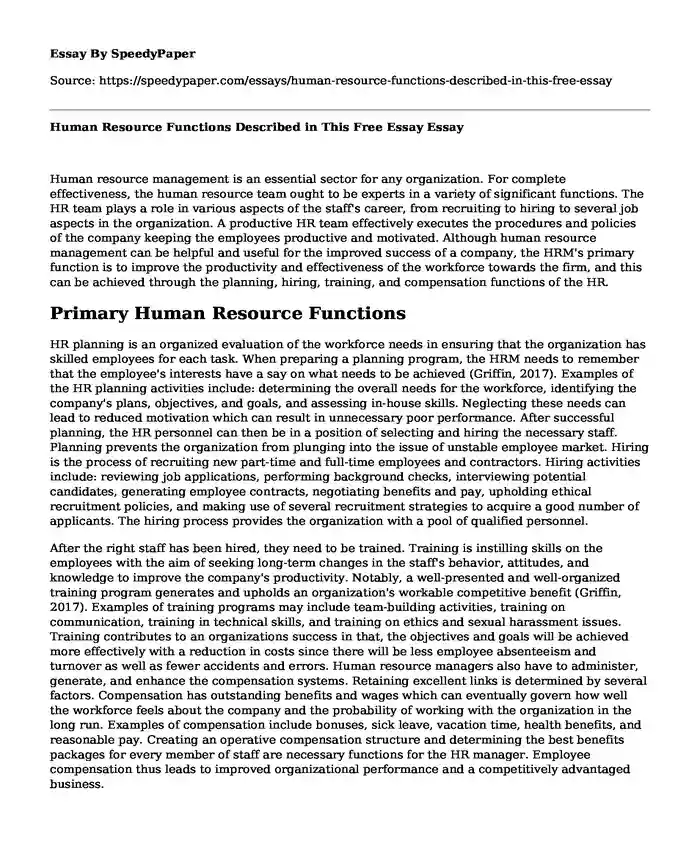 Human Resource Functions Described in This Free Essay