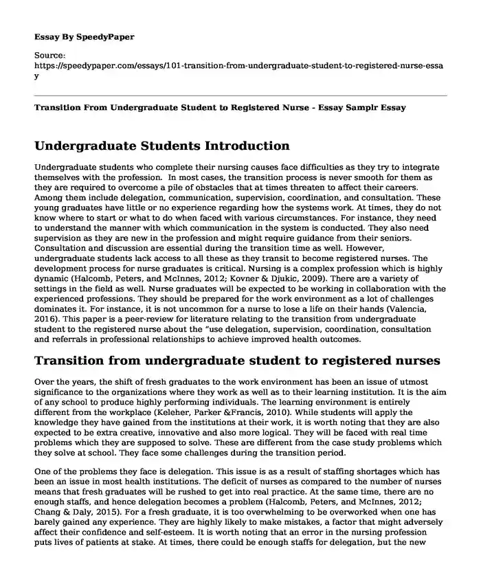 Transition From Undergraduate Student to Registered Nurse - Essay Samplr