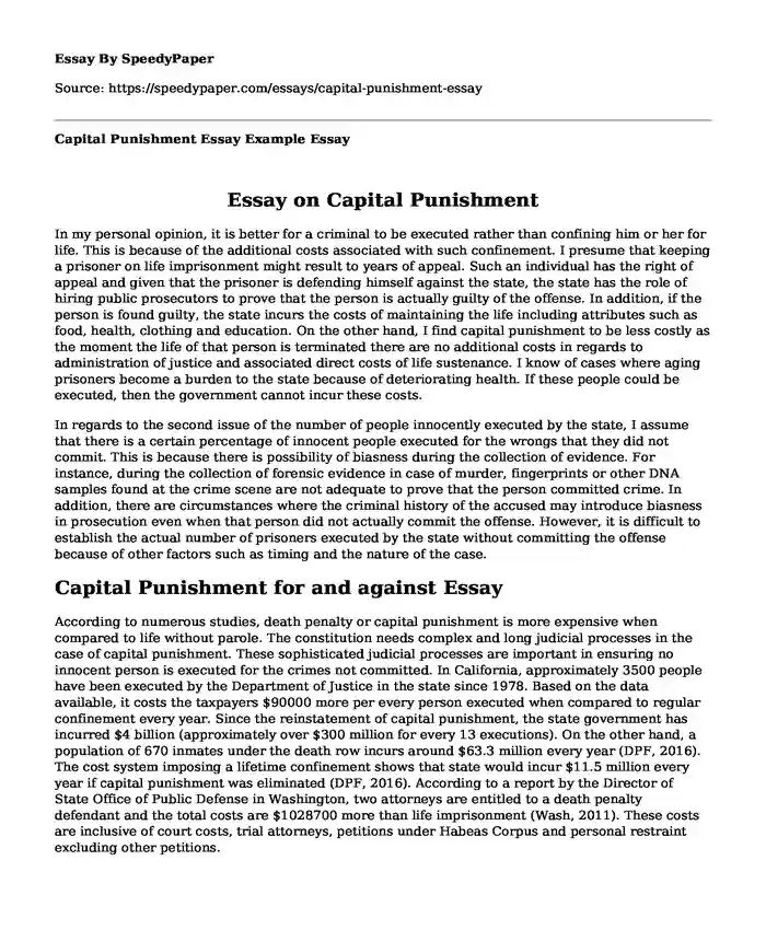 Capital Punishment Essay Example