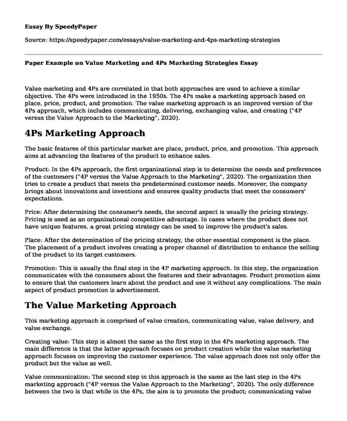 Paper Example on Value Marketing and 4Ps Marketing Strategies
