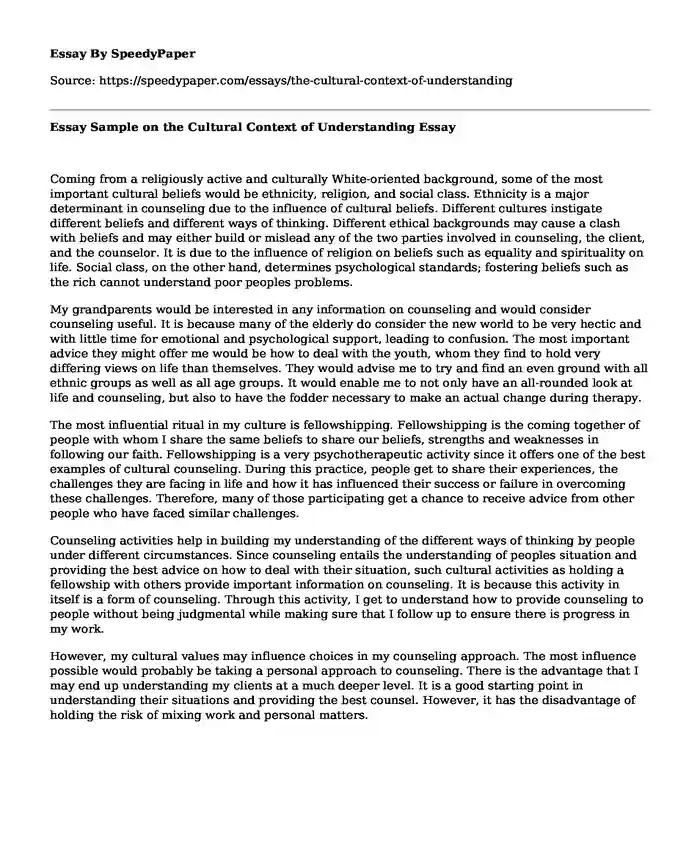 Essay Sample on the Cultural Context of Understanding