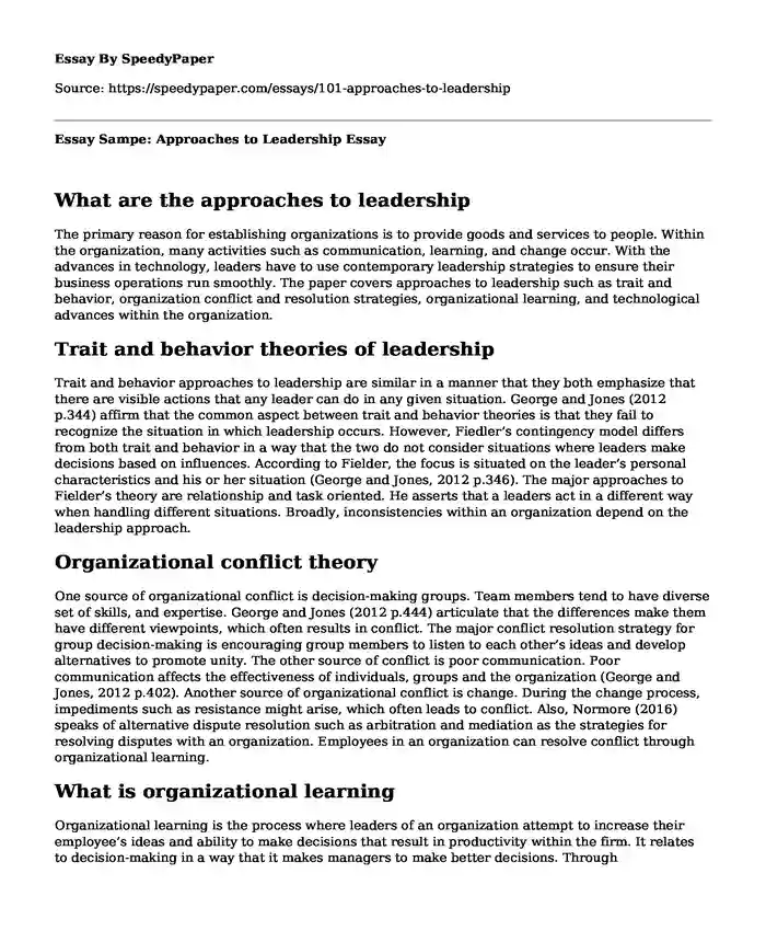 Essay Sampe: Approaches to Leadership