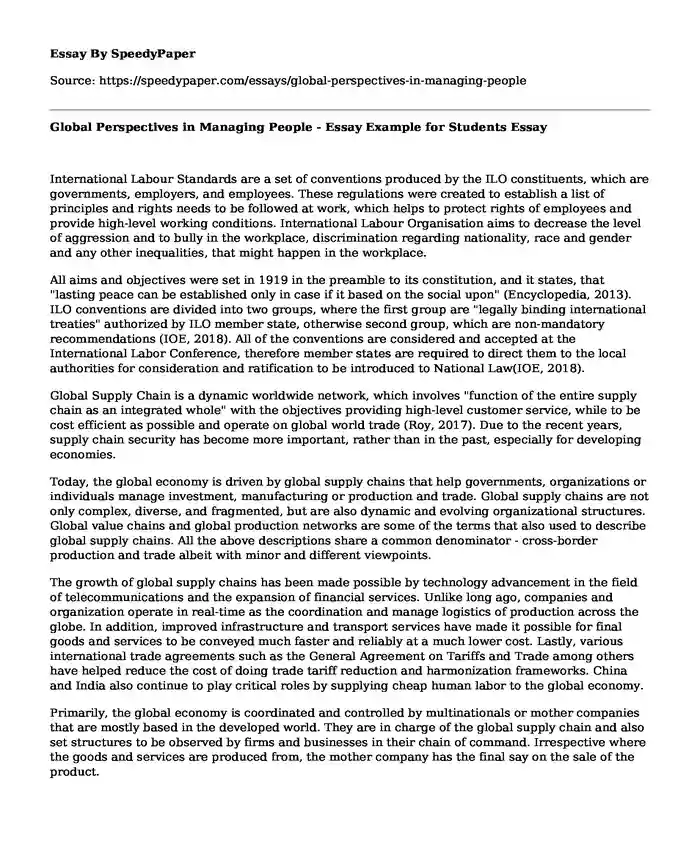 Global Perspectives in Managing People - Essay Example for Students
