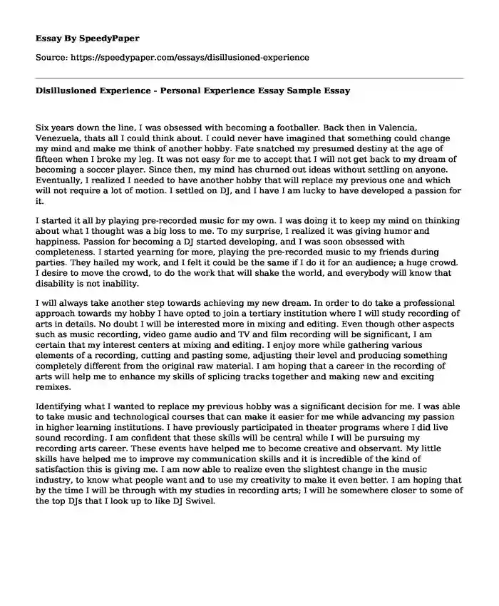 Disillusioned Experience - Personal Experience Essay Sample