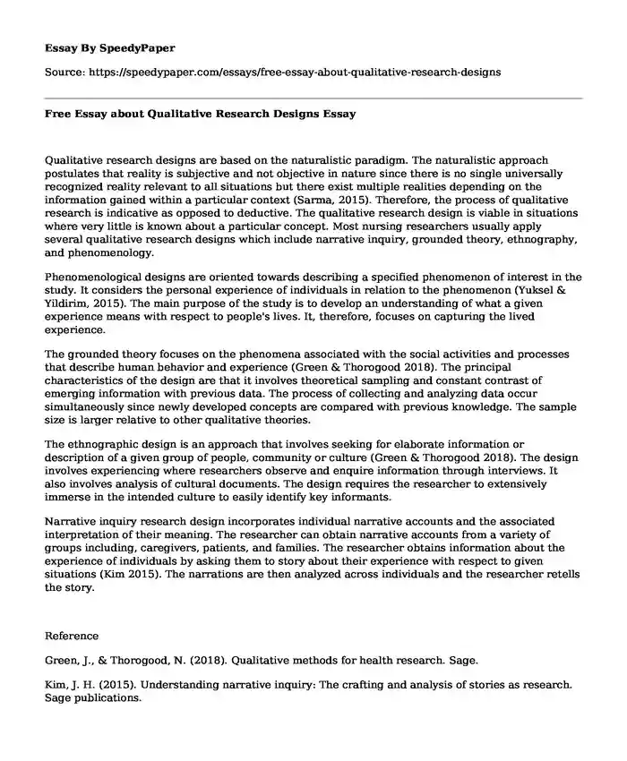Free Essay about Qualitative Research Designs