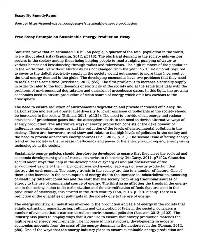 Free Essay Example on Sustainable Energy Production