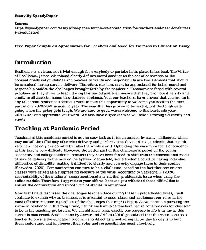 Free Paper Sample on Appreciation for Teachers and Need for Fairness in Education