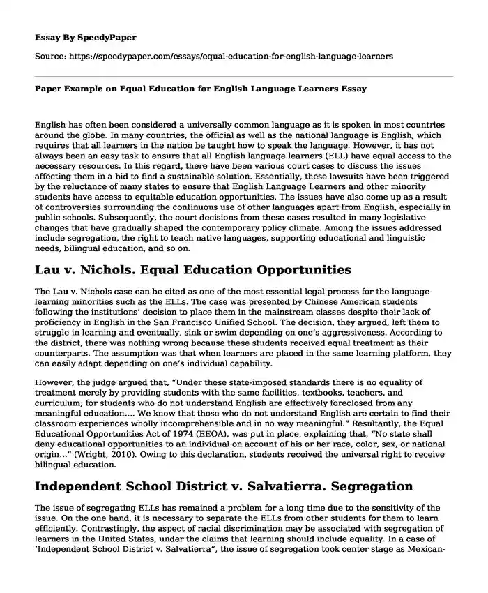 Paper Example on Equal Education for English Language Learners