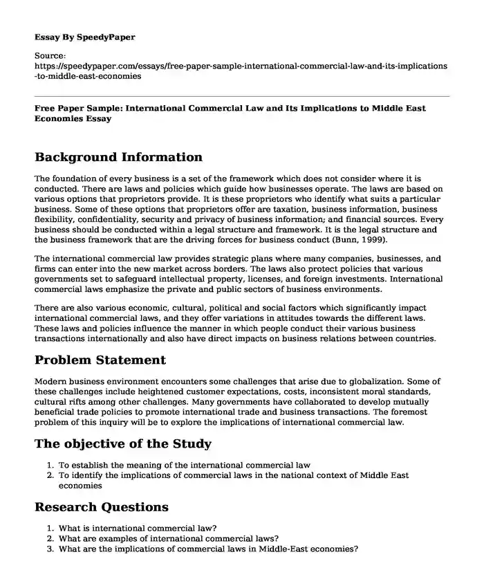 Free Paper Sample: International Commercial Law and Its Implications to Middle East Economies