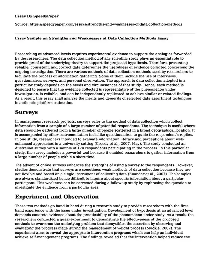 Essay Sample on Strengths and Weaknesses of Data Collection Methods