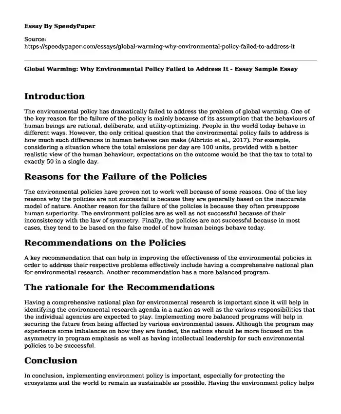 Global Warming: Why Environmental Policy Failed to Address It - Essay Sample