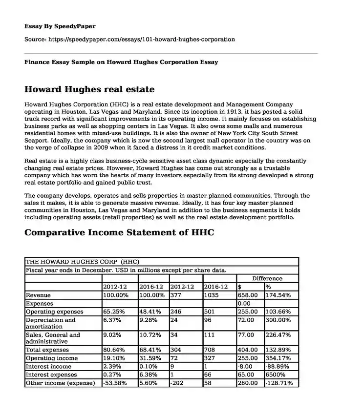 Finance Essay Sample on Howard Hughes Corporation