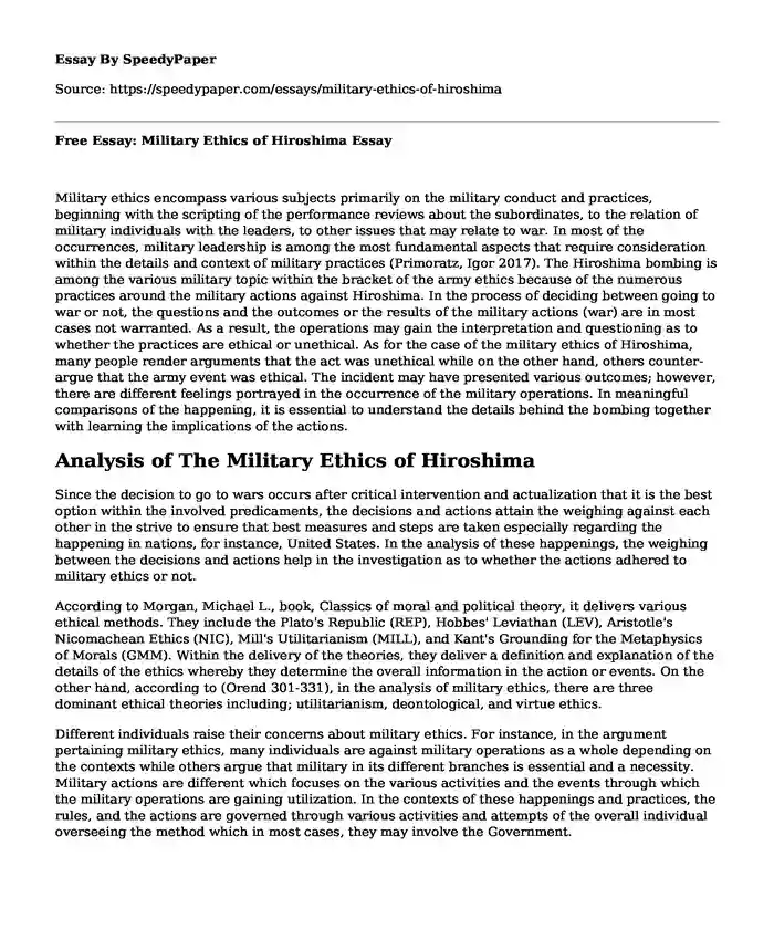 Free Essay: Military Ethics of Hiroshima