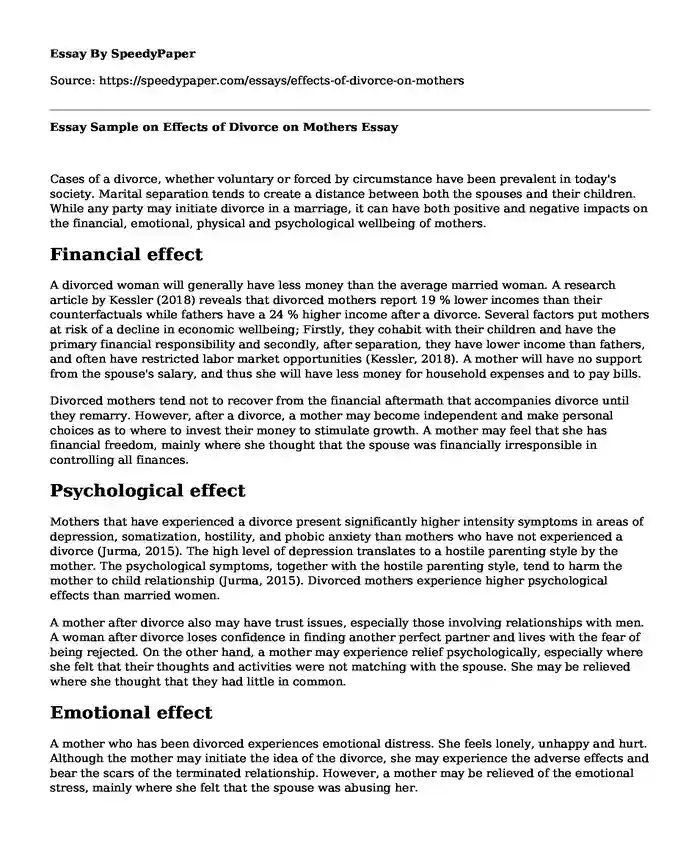 Essay Sample on Effects of Divorce on Mothers