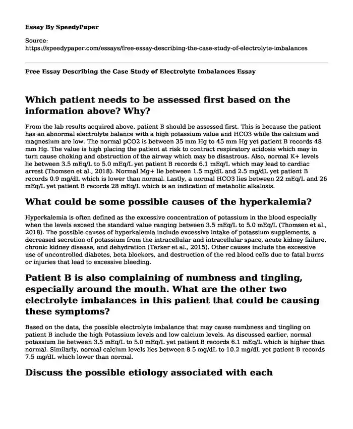 Free Essay Describing the Case Study of Electrolyte Imbalances