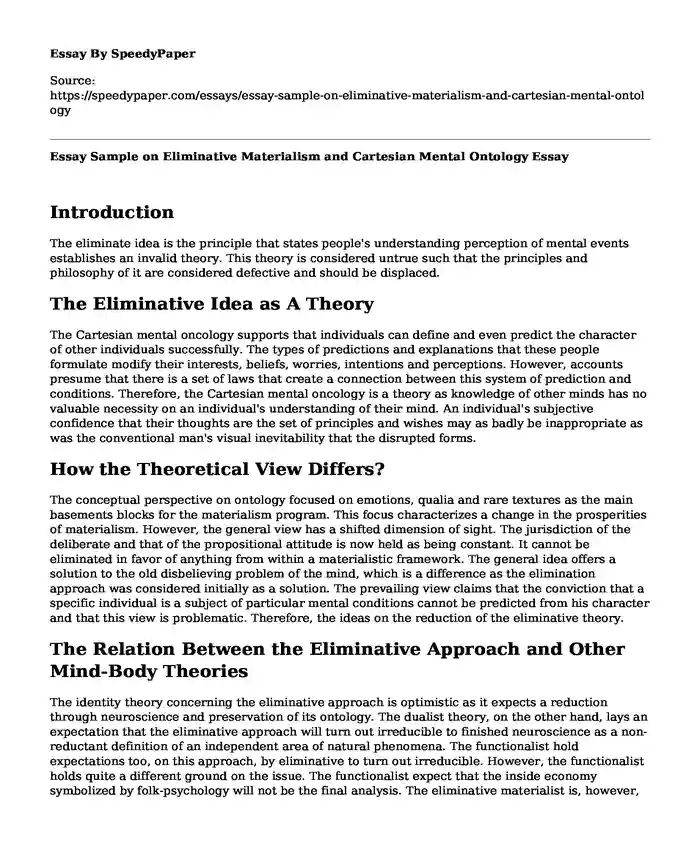 Essay Sample on Eliminative Materialism and Cartesian Mental Ontology