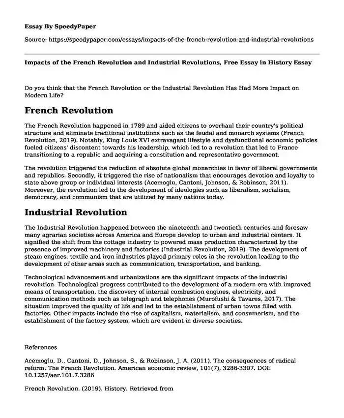 Impacts of the French Revolution and Industrial Revolutions, Free Essay in History