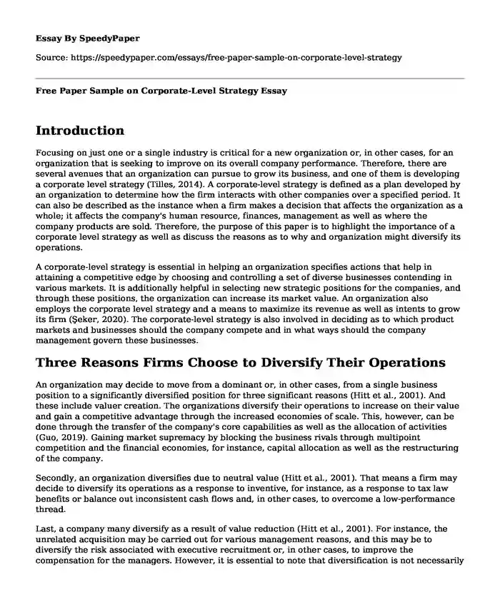 Free Paper Sample on Corporate-Level Strategy